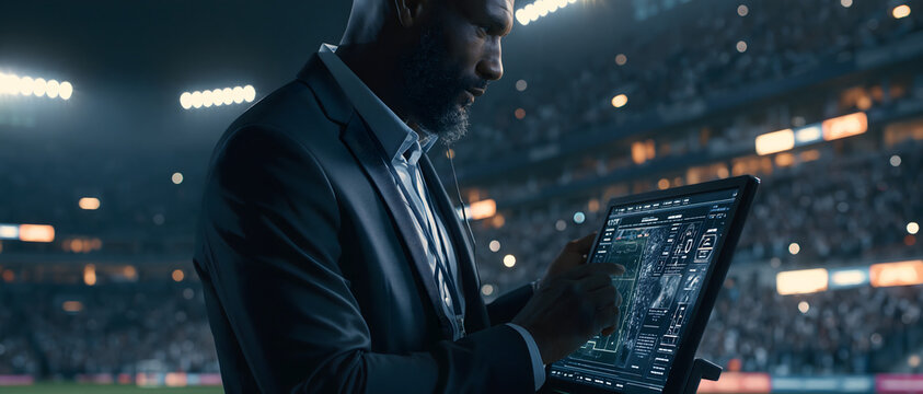 Man in suit using digital tablet at stadium illuminated by screen glow and stadium lights athlete coach sportsman sports arena
