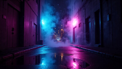 Naklejka premium Atmospheric Cyberpunk Neon Alleyway at Night with Smoke and Wet Reflections