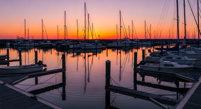 Boats anchored in harbor with orange sunset sky reflecting on calm water in evening light.