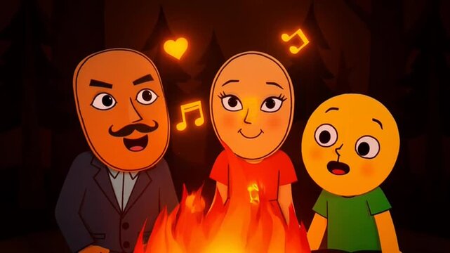 Animated Family Characters Enjoying a Cozy Evening Around a Glowing Campfire.