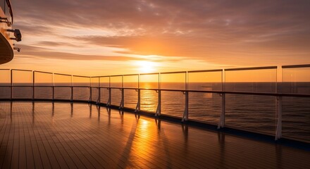 Fototapeta premium Empty cruise ship deck with glass railing overlooking beautiful ocean sunset scene.