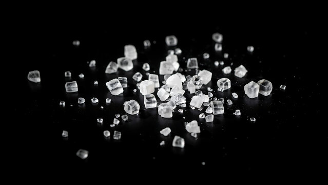 Small pile of crystalline sugar cubes on dark surface one sentence