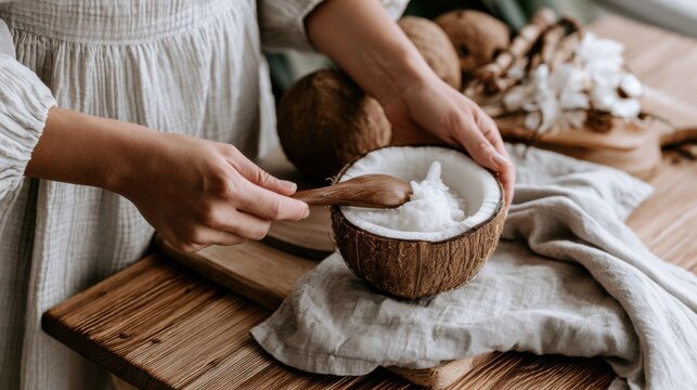 Hands scooping fresh coconut meat from halved coconut using wooden spoon. Natural tropical ingredient prepared for vegan recipes, desserts and healthy cooking