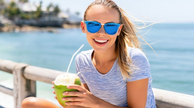 Happy woman enjoying fresh coconut water on sunny tropical beach. Refreshing natural drink, healthy hydration and relaxed summer vacation lifestyle