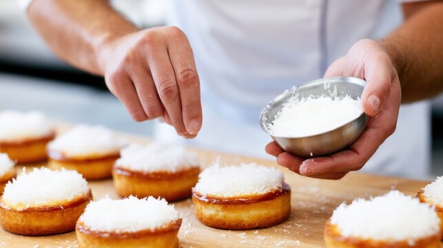 Pastry chef decorating mini tarts with shredded coconut. Fresh baked desserts finished with tropical coconut topping in professional bakery kitchen