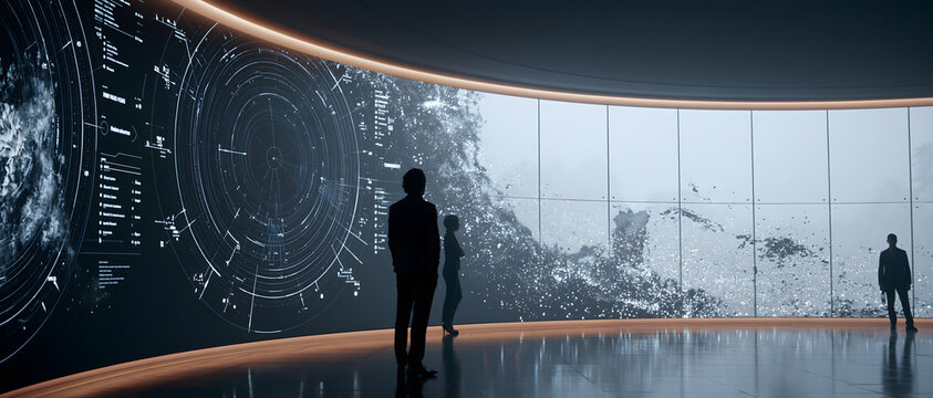 Curved room with illuminated circular display and silhouetted figures futuristic interior design architecture contemporary wall data visualization digital interface geometric