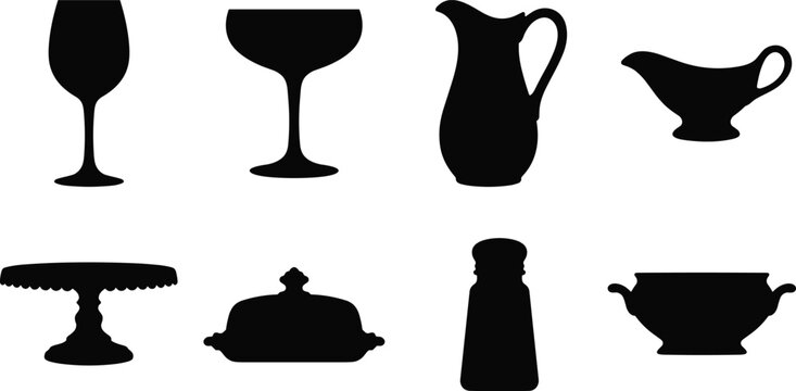 Vintage Tableware Silhouette Collection Featuring Wine Glasses Pitcher Gravy Boat Cake Stand Butter Dish and Serving Bowl