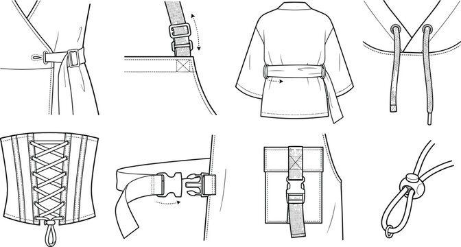 Fashion Garment Closure Technical Sketch Set with Belt Buckles Drawstrings Corset Lacing Adjustable Straps and Fastening Details