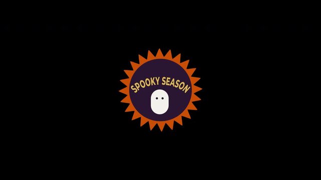 4K Retro Halloween starburst badge animation looping with hovering ghost. Groovy spooky season sticker emblem for vintage 70s party banner and merchandise design.