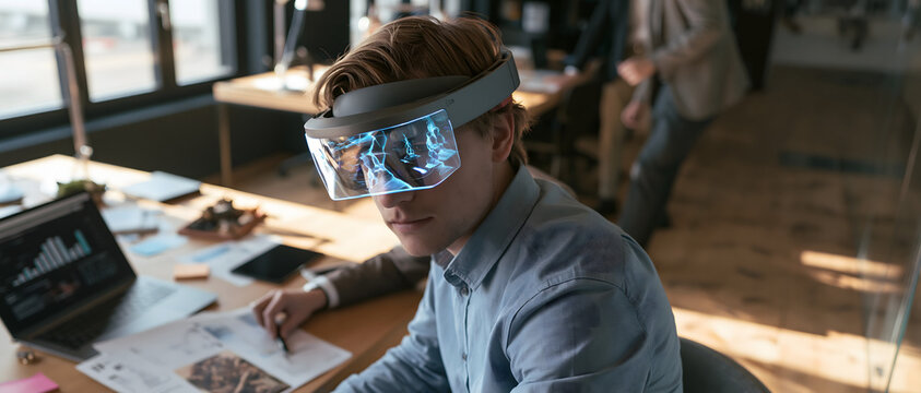 Man wearing augmented reality headset focused indoors with office background and digital display virtual head mounted hmd wearable technology interface futuristic