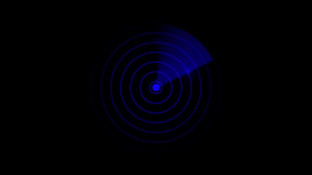Blue digital radar scanner animation with rotating sweep and target detection sonar interface
