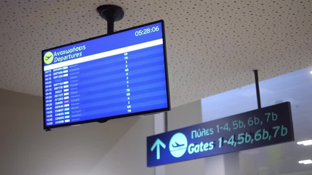 Greek airport sign for passport control with directional arrows in slow motion 60fps