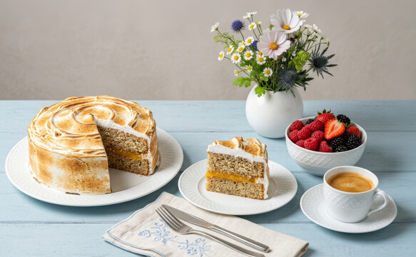 Almond cake filled with toasted Swiss meringue, served with an espresso, fresh strawberries, blackberries, and raspberries on a blue table with a vase of wildflowers.