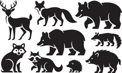 Fototapeta premium Set of wild forest animal black silhouette icons