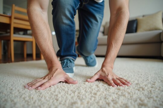 Man's legs in close-up stumble over carpet in home, capturing moment of potential fall and injury.