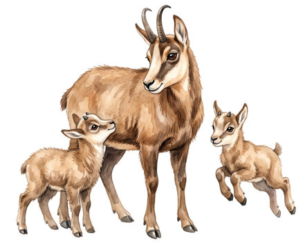 watercolor illustration of a chamois mother with two kids isolated on transparent background