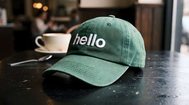 green baseball cap with hello text on table