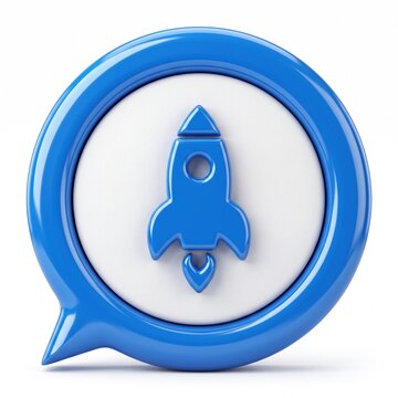 3D Blue Rocket Icon Inside Chat Bubble Speech Balloon