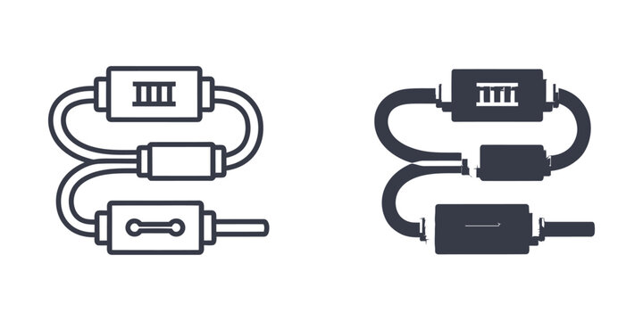 Electronic component with three inputs and one output in line art and solid fill styles on white background