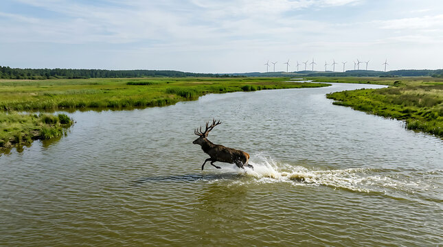 Stag running through river in wild landscape with wind turbines on horizon