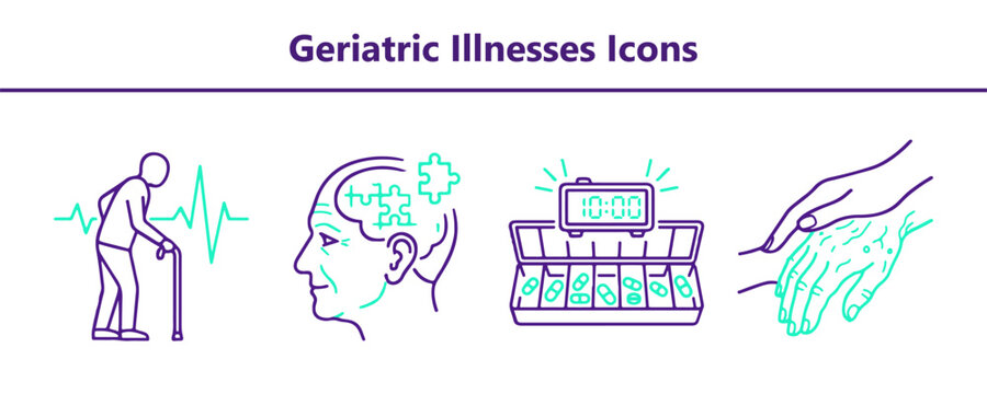 Geriatric illnesses icons showcasing elderly person walking cane beside brain puzzle face profile medication pill organizer box and aging hand care