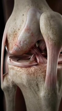 Human knee joint: cruciate ligament, bone structure, cartilage wear, medical visualization, skeletal anatomy, patella tendon, femur tibia, physical therapy, pain sensation, body injury.