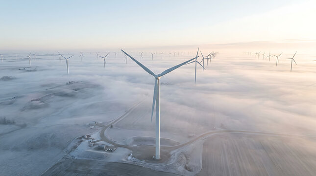 Wind turbine farm in a foggy morning landscape with renewable energy production