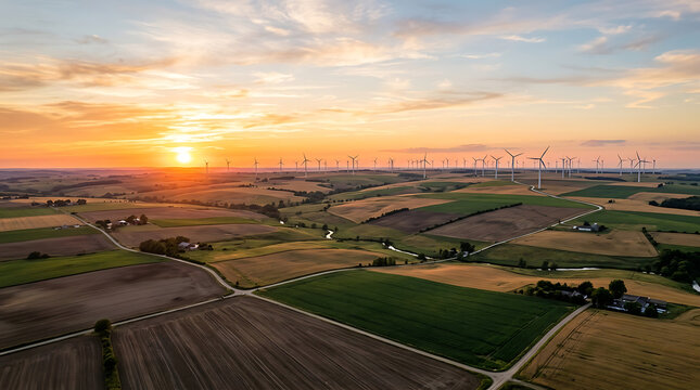 Wind turbine farm in rural agricultural landscape at golden hour sunset panorama