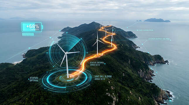 Wind turbine farm on coastal hills with digital energy data overlay for renewable power concept