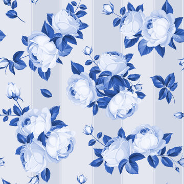Seamless pattern from flowers of rose on a white background. Blue