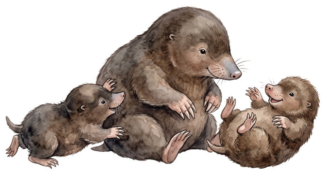 watercolor illustration of a mole mother with two babies isolated on transparent background