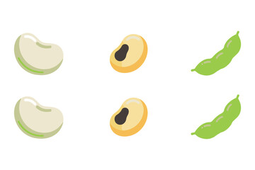 Fototapeta premium Collection of legumes featuring white beans, black-eyed peas, and green pods arranged in two rows on a plain white background for