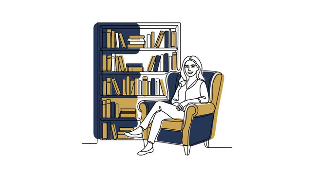 A woman sitting in a comfortable armchair in front of a bookshelf.