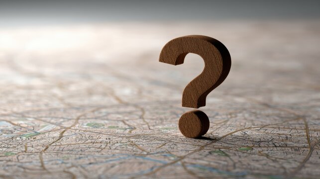 A wooden question mark stands on a detailed map. Concept for travel planning, navigation, or finding destinations.