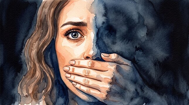 Silenced Woman Hand Covering Mouth Fear Watercolor Illustration