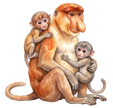 watercolor illustration of a proboscis monkey mother holding two babies isolated on transparent background