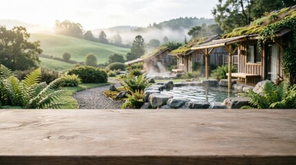 Obraz premium Wooden Table Top with Scenic Mountain Cottage and Hot Spring View for Nature Retreat Concept