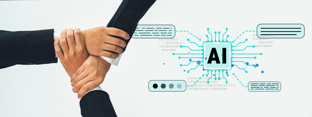 Obraz premium Hands of diverse individuals coming together to symbolize collaboration and innovation in artificial intelligence technology and digital transformation in the workspace. Sentient.