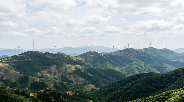 Wind turbines on green mountain ridges generating clean renewable energy in nature
