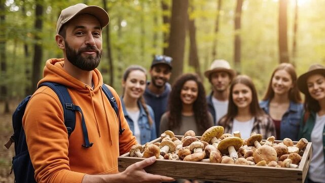 Group of mushroom foragers holding a crate in the forest