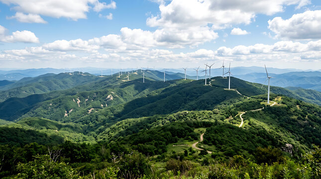 Wind turbines on green mountain ridges generating renewable energy in nature landscape