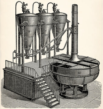 Steamer with mashing apparatus (steam cooker combined with mash tun for spirit production). Antique stylized illustration.