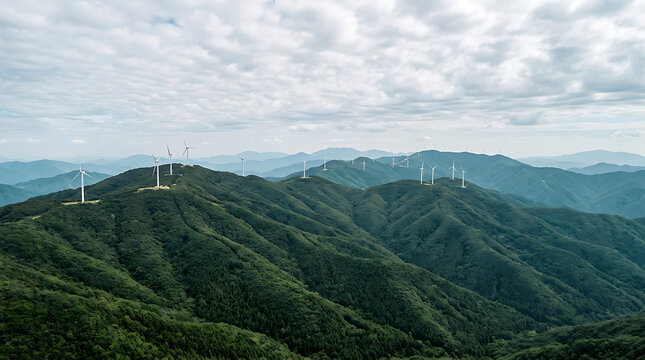 Wind turbines on lush green mountain ridges for sustainable renewable energy generation