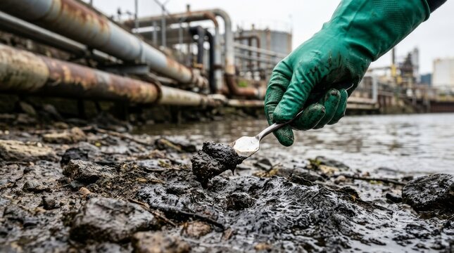 Gloved hand uses a trowel to scoop mud by water near industrial pipes.