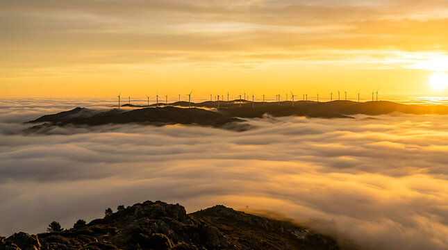 Wind turbines on mountain ridge above sea of clouds during golden hour sunset landscape