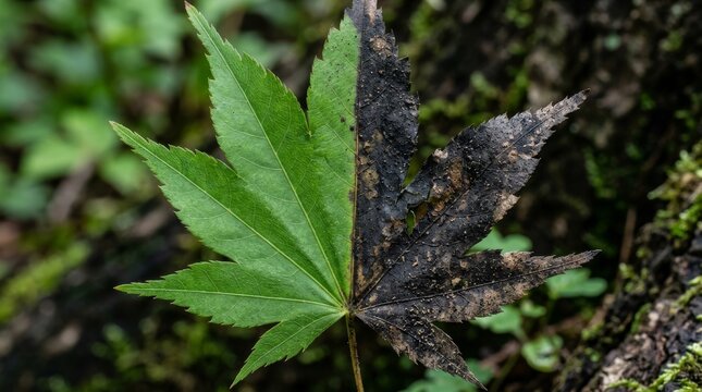 A green leaf shows a blackened leaf in a natural setting.