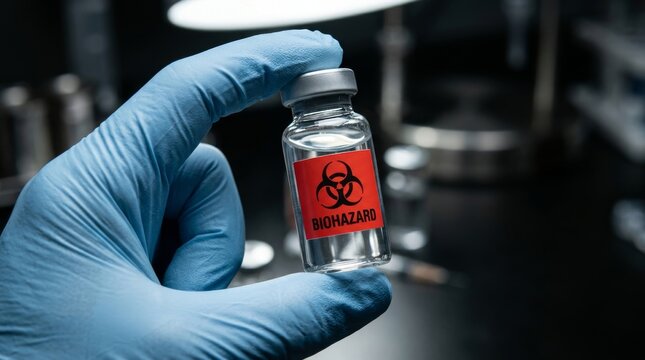 A gloved hand holds a vial with a red biohazard label.