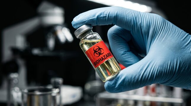 A gloved hand holds a small biohazard vial in a laboratory setting.