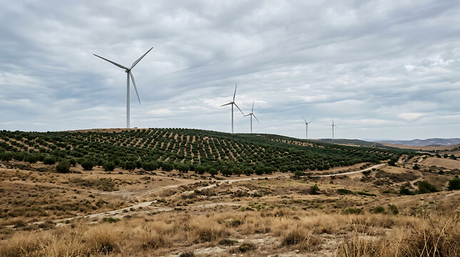 Wind turbines standing over an olive grove in a rural landscape under a cloudy sky