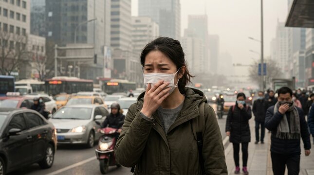 Woman wearing a mask touches her face on a crowded city street.